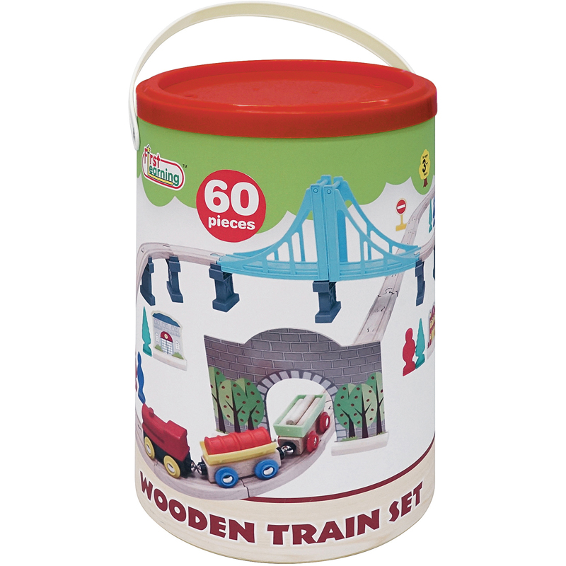 Baril train bois 60 pièces